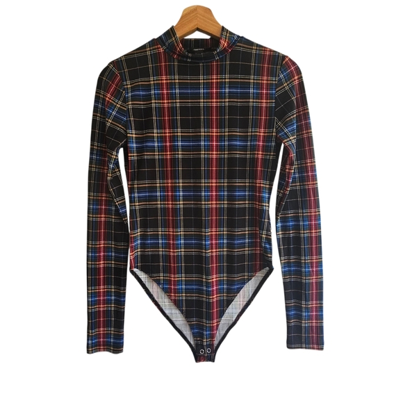 Forever 21 Plaid Mock Neck Bodysuit, Size Small - Picture 1 of 10